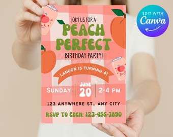Invitación de cumpleaños de melocotón: Plantilla editable de Canva (descarga digital, 13x18 cm)