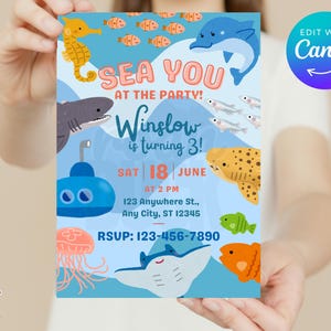 May include: A colorful birthday party invitation with an ocean theme. The invitation features various sea creatures like a seahorse, shark, dolphin, and stingray. Text on the invitation reads 'Sea You At The Party! Winslow is turning 3!' with the date, time, and location details. The RSVP information is also included.

Ocean Birthday Invitation - Editable Canva Template - 5x7 Under the Sea Birthday Invite