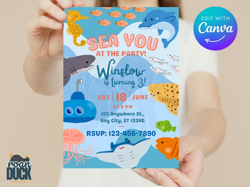 May include: A colorful birthday party invitation with an ocean theme. The invitation features various sea creatures like a seahorse, shark, dolphin, and stingray. Text on the invitation reads 'Sea You At The Party! Winslow is turning 3!' with the date, time, and location details. The RSVP information is also included.

Ocean Birthday Invitation - Editable Canva Template - 5x7 Under the Sea Birthday Invite