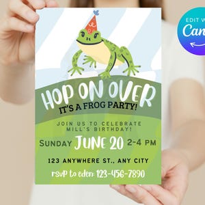 May include: A party invitation featuring a cartoon frog wearing a party hat. The invitation says "Hop on Over, It's a Frog Party!" and includes the date, time, and location for the event. The invitation is held by a person.