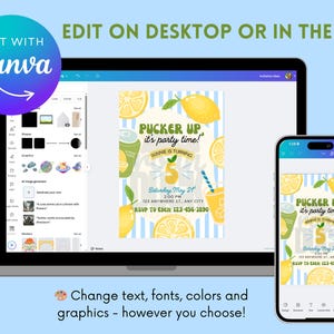 May include: A digital invitation design with a lemon theme, displayed on a laptop and smartphone. The invitation features text 'Pucker Up it's party time!' and details for a birthday celebration. The design includes lemon illustrations and a blue and white striped background. The Canva logo is visible, indicating editing options.

Lemon Birthday Party Invitation: Editable Canva Template (Digital Download 5x7")