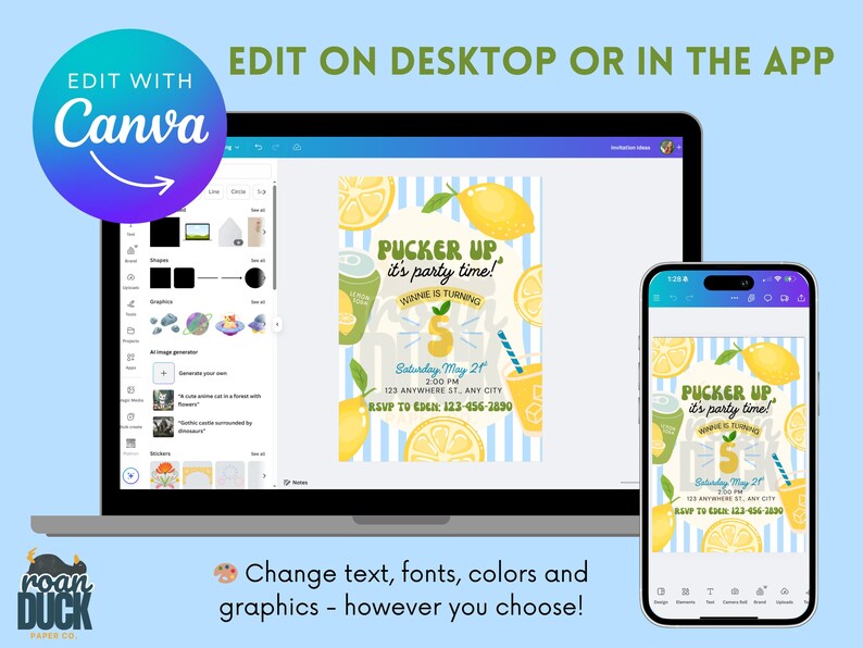 May include: A digital invitation design with a lemon theme, displayed on a laptop and smartphone. The invitation features text 'Pucker Up it's party time!' and details for a birthday celebration. The design includes lemon illustrations and a blue and white striped background. The Canva logo is visible, indicating editing options.

Lemon Birthday Party Invitation: Editable Canva Template (Digital Download 5x7")