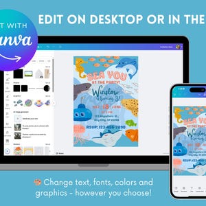 May include: A laptop and smartphone display a colorful invitation design with an under-the-sea theme. The invitation features cartoon sea creatures like a seahorse, shark, and dolphin. Text includes 'Sea You at the Party!' and details for a birthday celebration. The design is editable with Canva.

Ocean Birthday Invitation - Editable Canva Template - 5x7 Under the Sea Birthday Invite