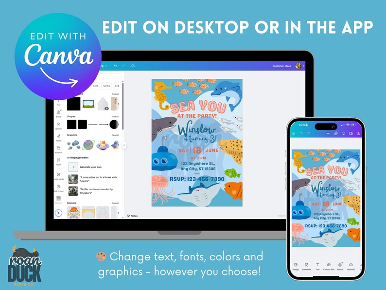 May include: A laptop and smartphone display a colorful invitation design with an under-the-sea theme. The invitation features cartoon sea creatures like a seahorse, shark, and dolphin. Text includes 'Sea You at the Party!' and details for a birthday celebration. The design is editable with Canva.

Ocean Birthday Invitation - Editable Canva Template - 5x7 Under the Sea Birthday Invite
