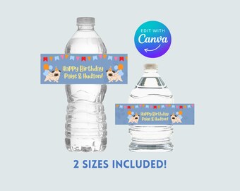 May include: Two clear water bottles with custom labels. The labels are blue with the text "Happy Birthday Paige & Hudson!" and a pug illustration. The image also includes the text "2 SIZES INCLUDED!" and "EDIT WITH Canva".