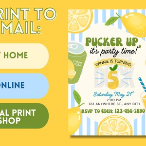 May include: A lemon-themed party invitation with a yellow and white color scheme. The invitation features lemons, lemon slices, and a lemon soda can. Text includes 'Pucker Up it's party time!' and 'Winnie is turning 5.' Details include the date, time, location, and RSVP information.

Lemon Birthday Party Invitation: Editable Canva Template (Digital Download 5x7")