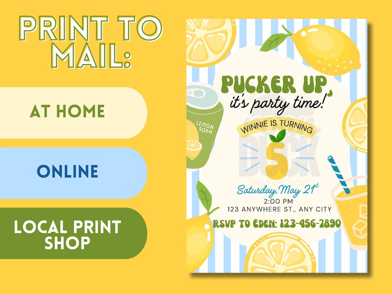 May include: A lemon-themed party invitation with a yellow and white color scheme. The invitation features lemons, lemon slices, and a lemon soda can. Text includes 'Pucker Up it's party time!' and 'Winnie is turning 5.' Details include the date, time, location, and RSVP information.

Lemon Birthday Party Invitation: Editable Canva Template (Digital Download 5x7")