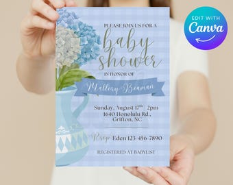 Boy Baby Shower Invitation: Blue Gingham Hydrangea, Editable Canva Template (Digital Download)