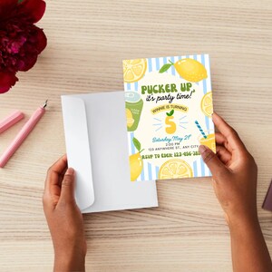 May include: A birthday party invitation with a lemon theme. The invitation features a yellow and blue color scheme with illustrations of lemons and a drink. Text on the invitation reads 'Pucker Up, it's party time!' and includes details like the date, time, and RSVP information.

Lemon Birthday Party Invitation: Editable Canva Template (Digital Download 5x7")