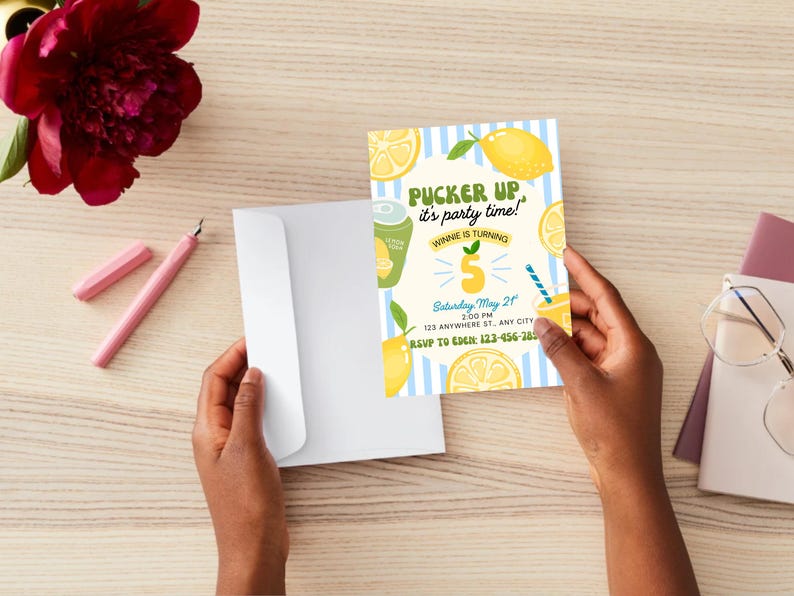 May include: A birthday party invitation with a lemon theme. The invitation features a yellow and blue color scheme with illustrations of lemons and a drink. Text on the invitation reads 'Pucker Up, it's party time!' and includes details like the date, time, and RSVP information.

Lemon Birthday Party Invitation: Editable Canva Template (Digital Download 5x7")