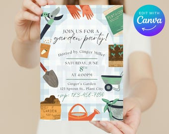 May include: A garden party invitation with a blue and white checked pattern. The invitation features illustrations of gardening tools and the text "Join us for a garden party!" hosted by Ginger Miller on June 8th at 4:00 PM.