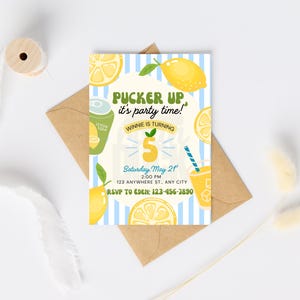 May include: A lemon-themed birthday party invitation. The invitation features a yellow and blue color scheme with illustrations of lemons, a lemon soda can, and a drink with a straw. Text includes 'Pucker Up, it's party time!' and details for the party, including the date, time, and RSVP information.

Lemon Birthday Party Invitation: Editable Canva Template (Digital Download 5x7")