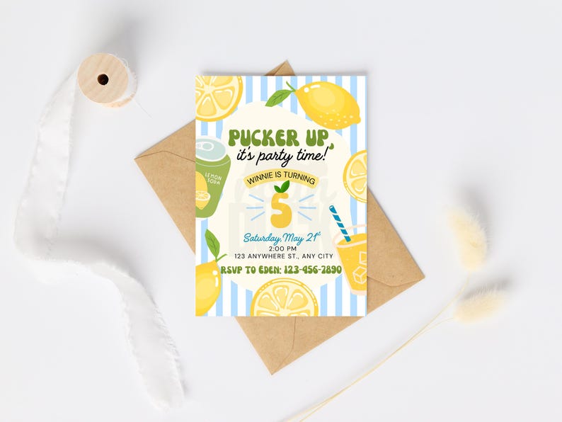 May include: A lemon-themed birthday party invitation. The invitation features a yellow and blue color scheme with illustrations of lemons, a lemon soda can, and a drink with a straw. Text includes 'Pucker Up, it's party time!' and details for the party, including the date, time, and RSVP information.

Lemon Birthday Party Invitation: Editable Canva Template (Digital Download 5x7")