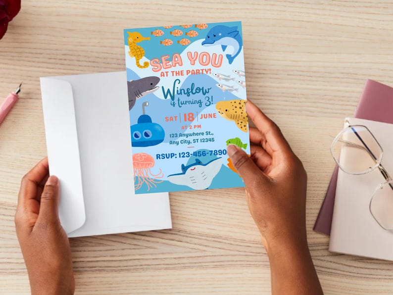 May include: A colorful invitation with an ocean theme. The invitation features cartoon illustrations of sea creatures like a seahorse, shark, dolphin, and stingray. Text on the invitation reads 'SEA YOU AT THE PARTY! Winslow is turning 3!' with the date, time, and RSVP information.

Ocean Birthday Invitation - Editable Canva Template - 5x7 Under the Sea Birthday Invite
