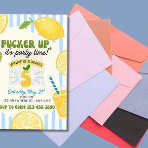 May include: A lemon-themed birthday party invitation with a cartoon design. The invitation features lemons, lemon slices, and a lemon soda can. Text includes 'Pucker Up it's party time!' and details for the party: date, time, location, and RSVP information. The invitation has a blue and white striped background. Envelopes in various colors are in the background.

Lemon Birthday Party Invitation: Editable Canva Template (Digital Download 5x7")