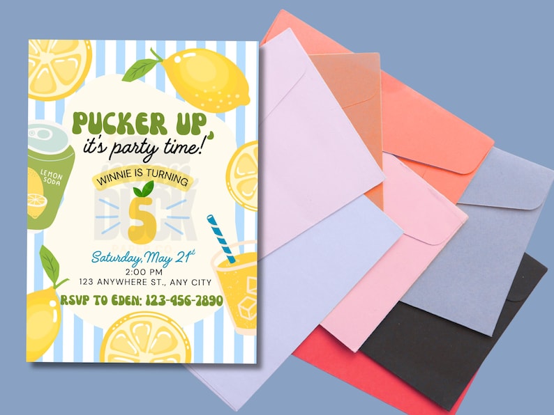 May include: A lemon-themed birthday party invitation with a cartoon design. The invitation features lemons, lemon slices, and a lemon soda can. Text includes 'Pucker Up it's party time!' and details for the party: date, time, location, and RSVP information. The invitation has a blue and white striped background. Envelopes in various colors are in the background.

Lemon Birthday Party Invitation: Editable Canva Template (Digital Download 5x7")