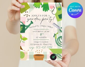 May include: A garden party invitation with a whimsical design. The invitation features gardening tools, flowers, and a snail illustration. Text includes "Join us for a garden party!" and event details. The Canva logo is in the upper right corner.