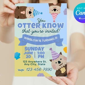Invitación de cumpleaños de nutria: Plantilla editable de Canva (descarga digital de 5x7)