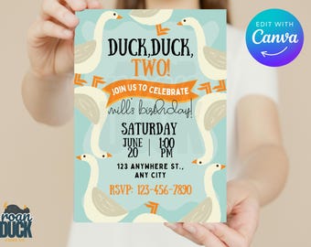 Duck, Duck, Two! Party - Digital Download Birthday Invitation - Editable Canva Template - 5x7