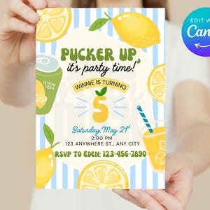 May include: A lemon-themed birthday party invitation. The design features a green and yellow color scheme with illustrations of lemons, a lemon soda can, and a glass of lemonade. Text includes 'Pucker Up it's party time!' and details like the name 'Winnie', age '5', date, time, address, and RSVP information.

Lemon Birthday Party Invitation: Editable Canva Template (Digital Download 5x7" )