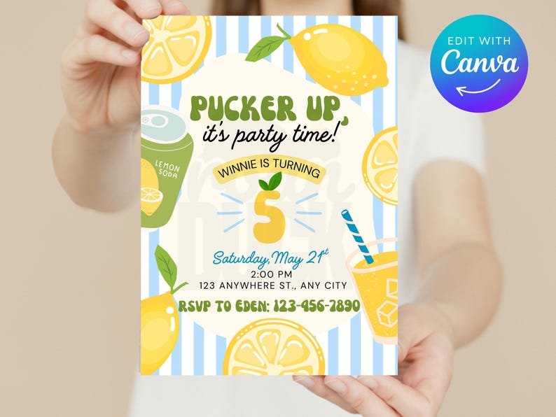 May include: A lemon-themed birthday party invitation. The design features a green and yellow color scheme with illustrations of lemons, a lemon soda can, and a glass of lemonade. Text includes 'Pucker Up it's party time!' and details like the name 'Winnie', age '5', date, time, address, and RSVP information.

Lemon Birthday Party Invitation: Editable Canva Template (Digital Download 5x7" )