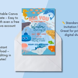 May include: An invitation with a sea creature theme. The invitation is in a white envelope. The invitation has a blue background with illustrations of a seahorse, fish, a dolphin, and a submarine. The text on the invitation reads 'SEA YOU AT THE PARTY! Winslow is turning 3! SAT 18 JUNE at 2 PM 123 Anywhere St., Any City, ST 12345 RSVP: 123-456-7890'.

Ocean Birthday Invitation - Editable Canva Template - 5x7 Under the Sea Birthday Invite