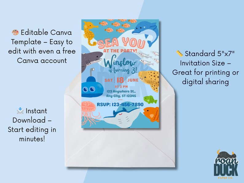May include: An invitation with a sea creature theme. The invitation is in a white envelope. The invitation has a blue background with illustrations of a seahorse, fish, a dolphin, and a submarine. The text on the invitation reads 'SEA YOU AT THE PARTY! Winslow is turning 3! SAT 18 JUNE at 2 PM 123 Anywhere St., Any City, ST 12345 RSVP: 123-456-7890'.

Ocean Birthday Invitation - Editable Canva Template - 5x7 Under the Sea Birthday Invite