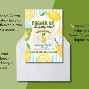 May include: A lemon-themed birthday invitation in an envelope. The invitation features lemons, a soda can, and a drink. Text includes 'Pucker Up, it's party time!' and details for the party. The invitation is a standard 5'x7' size and is editable.

Lemon Birthday Party Invitation: Editable Canva Template (Digital Download 5x7")