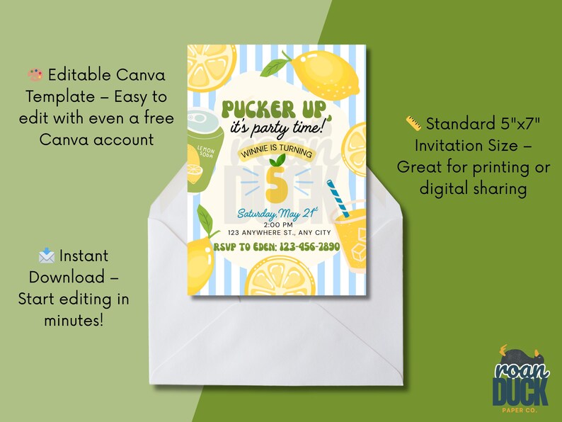 May include: A lemon-themed birthday invitation in an envelope. The invitation features lemons, a soda can, and a drink. Text includes 'Pucker Up, it's party time!' and details for the party. The invitation is a standard 5'x7' size and is editable.

Lemon Birthday Party Invitation: Editable Canva Template (Digital Download 5x7")