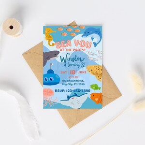 May include: An invitation card with a sea theme. The card features illustrations of sea creatures like a seahorse, dolphins, and fish. The text reads 'SEA YOU AT THE PARTY! Winslow is turning 3! SAT 18 JUNE at 2 PM, 123 Anywhere St., Any City, ST 12345. RSVP: 123-456-7890.'

Ocean Birthday Invitation - Editable Canva Template - 5x7 Under the Sea Birthday Invite