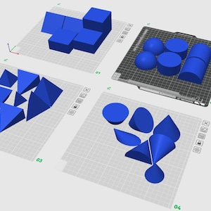 May include: A digital rendering of various blue 3D geometric shapes, including cubes, spheres, cylinders, cones, and triangular prisms. The shapes are arranged on a grid, with each group labeled with a number.