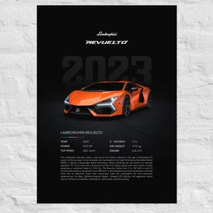 Puede incluir: Un póster negro con un coche deportivo Lamborghini Revuelto de color naranja. El año 2023 se muestra de forma destacada sobre el coche. Detalles adicionales incluyen la potencia, la velocidad máxima y las especificaciones del motor del coche.