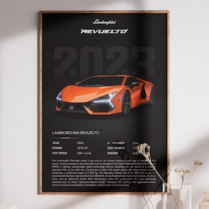 Puede incluir: Póster enmarcado con un Lamborghini Revuelto naranja sobre un fondo negro. El póster muestra el nombre del coche, el año 2023 y las especificaciones. El póster está sobre un mueble de madera con elementos decorativos.