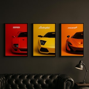 Set of 3 Supercar Posters – Ferrari, Lamborghini, McLaren | Printable Car Wall Art, Modern Automotive Decor, Digital Download for Car Lovers