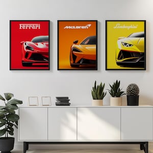 3er Set Supercar Poster – Ferrari, McLaren, Lamborghini | Druckbare Auto Wandkunst, modernes Automobil Dekor, digitaler Download für Autoliebhaber