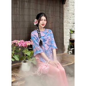 Pre-made Ao Ba Ba Viet Nam- Brocade Buddhist Ceremony Robe with Dragon Phoenix Pattern – Traditional Knot Collar, Modest & Flattering Fit