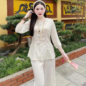 Pre-made Ao Ba Ba - Women&#39;s Temple Ao Lam Set – Bộ Pháp phục đi chùa chất liệu lụa gấm