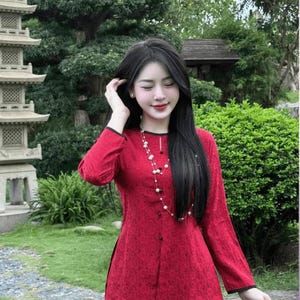 Pre-made Ao Ba Ba - Elegant Floral Áo Bà Ba Set – Charming Long-Sleeve Buddhist Outfit with Camellia Print, Flattering Fit