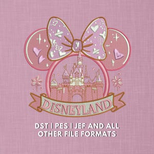 Disneyland Pink Castle Embroidery Design | Minnie Ears with Bow & Sparkles | Magical Mouse Machine Embroidery File | Fairy Tale Patch