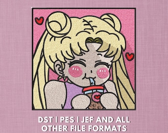 Sailor Moon Drinking Boba Embroidery Design | Kawaii Anime Machine Embroidery Pattern | Cute 5x7 Digital File | Chibi Manga Patch