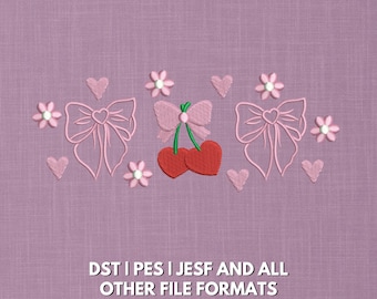 Hearts Bows and Cherry Embroidery Design Pack | Cute Pink Daisy & Love Motif | Cottagecore Machine Embroidery | 5x7 Hoop Digital Files