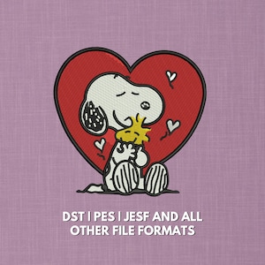 Snoopy and Woodstock Hug Heart Embroidery Design | Valentine Peanuts Love Machine Embroidery File | Cartoon Friendship Applique | 5x7 Hoop
