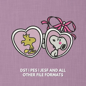Snoopy & Woodstock Stickdatei Herz Medaillon | Valentinstag Erdnüsse Maschinenstickdatei | Süßer Cartoon 15x20 Hoop Patch
