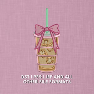 Iced Coffee Embroidery Design | Cute Coffee Cup with Bow Stitch File | 5x7 Hoop | Girly Barista Design | Machine Embroidery Design
