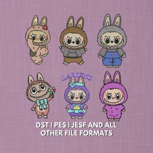 Labubu Embroidery Design Bundle | 6 Cute Monster Bunny Characters | Kawaii Cartoon Stitch Files | 5x7 Hoop | Machine Embroidery files