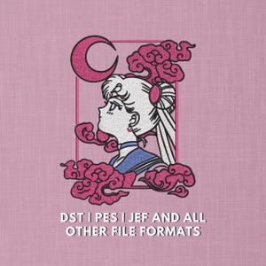 Anime Moon Girl Embroidery Design | Magical Girl Machine Embroidery File | 5x7 Hoop | Celestial Clouds & Crescent Moon | Digital Download