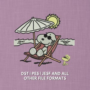 Snoopy Summer Beach Embroidery Design | Relaxing Snoopy & Woodstock Under Umbrella | Peanuts Cartoon Machine File | 5x7 Hoop