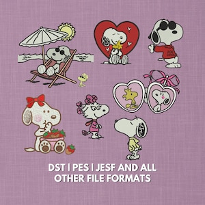 Peanuts Snoopy Embroidery Design Bundle | 6 Cute Cartoon Machine Files | Belle, Woodstock, Joe Cool, Summer | Machine Embroidery files