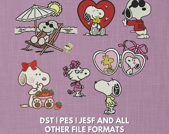 Peanuts Snoopy Embroidery Design Bundle | 6 Cute Cartoon Machine Files | Belle, Woodstock, Joe Cool, Summer | Trendy Embroidery Design