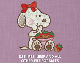 Snoopy Eating Strawberries Embroidery Design | Girl Snoopy with Red Bow Treny Embroidery Design  | Cute Cartoon Dog with Fruit Basket
